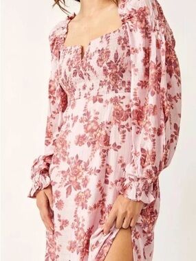 Free People Smocked Floral Maxi Dress in Dusty Rose